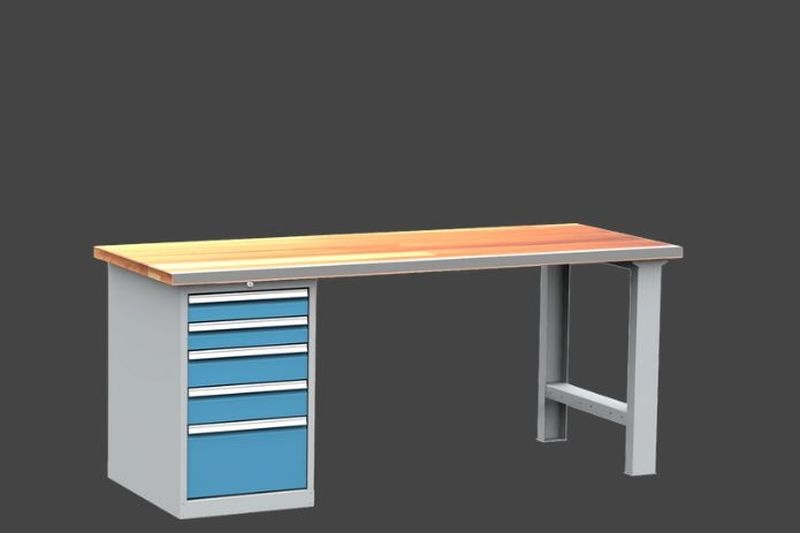 Dielenský stôl DPS 2A23 s oplechovanou nerezovou prednou hranou dosky, kontajner