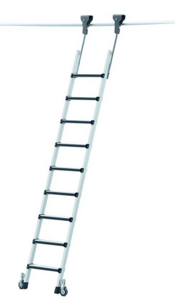 Závesný regálový rebrík so skrutkovými stupňami COMFORTSTEP TREC LH pojazdný, dĺžka 2,09-2,33 m